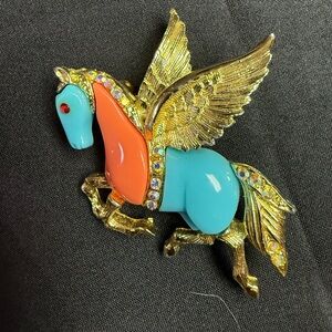 Gold Pegaus Enamel Accent Brooch - Blue & Orange